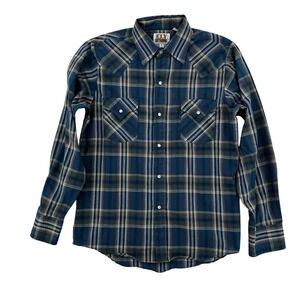 Ely Cattleman Shirt Boys Large Blue Green Plaid‎ Western Pearl Snap Long Sleeve